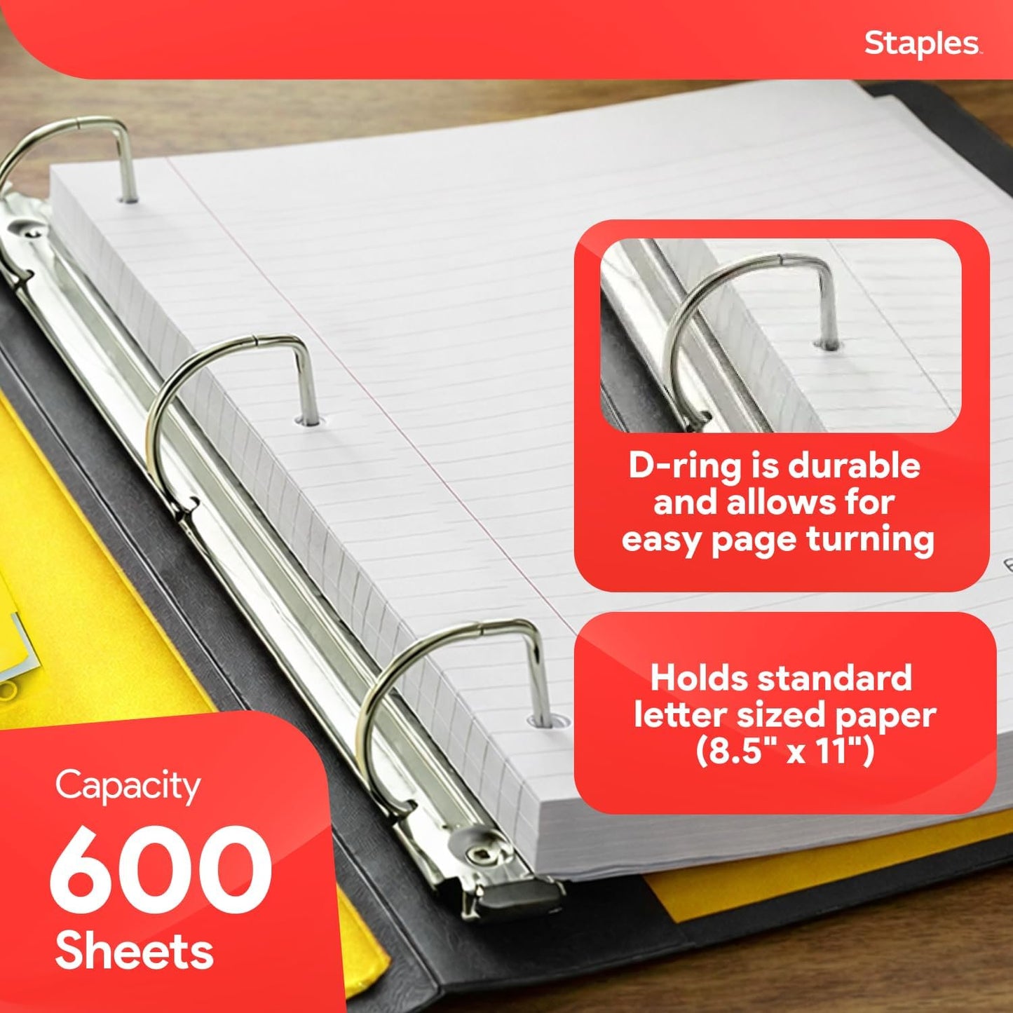 Staples Heavy-Duty 3-Inch D-Ring Binder - Large Capacity Yellow Binder Holds Up to 600 Sheets