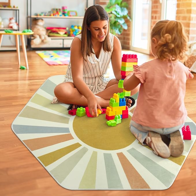 STARUIA Boho Washable Rug for Kids Play Room, 4'x 4'7" Hexagon Tent Colorful Sun Nursery Corner Rugs for Girls Boys, Ultra Soft Non-Slip Sunshine Carpet Play Rug for Princess Room Decor Classroom
