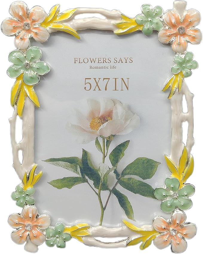 Vintage 5X7 Floral Metal Picture Frame with Enamel Finis Glass Front - Ornate Antique Pink and Green Flowers Photo Frame Tabletop/Wall Display Gifts for Women