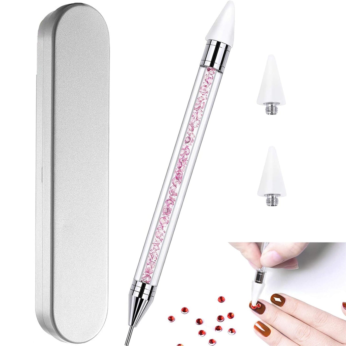 Skiennix Nail Rhinestone Picker Tool - Dual-Ended Design with Extra Wax Heads | Pink Acrylic Handle