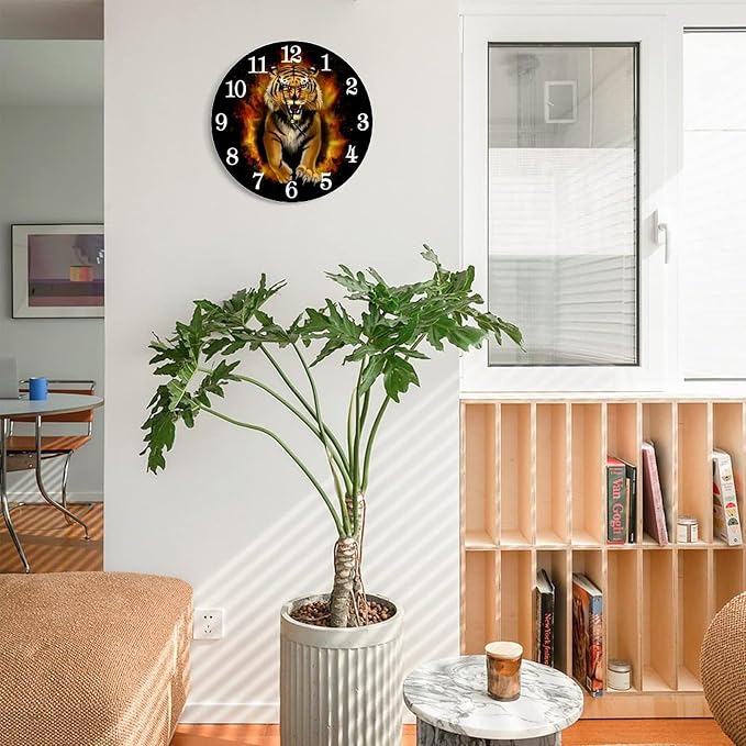 Roar Tiger Wall Clock Battery Operated Silent Round Clock Animal Wall Decor for Home, Office, School 9.8 Inch