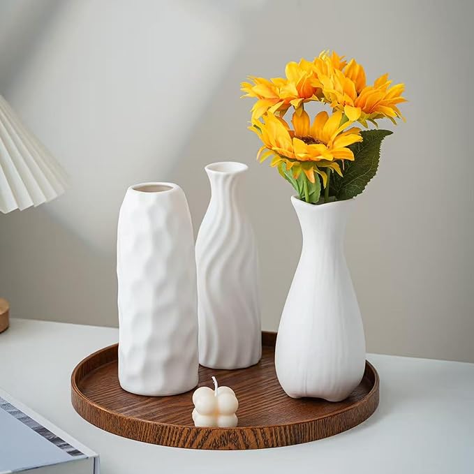 White Ceramic Vase Set Home Decor – Farmhouse & Boho Decorative Vase Set for Kitchen, Living Room, Bedroom, Office, Bookshelf Decor, Bathroom, Centerpiece Table Decor