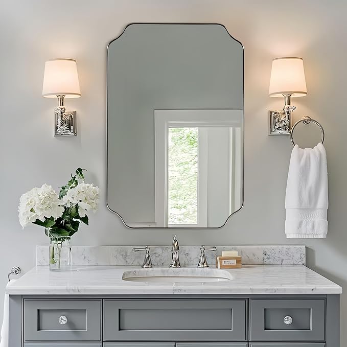 ANDY STAR 26x38 Inch Mirror for Bathroom, Brushed Nickel Scalloped Rectangle Mirror, Silver Bathroom Vanity Mirror in Rust-Proof Stainless Steel 1" Frame, Modern Scalloped Edge Design