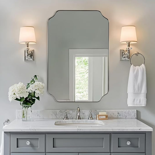 ANDY STAR 26x38 Inch Mirror for Bathroom, Brushed Nickel Scalloped Rectangle Mirror, Silver Bathroom Vanity Mirror in Rust-Proof Stainless Steel 1" Frame, Modern Scalloped Edge Design