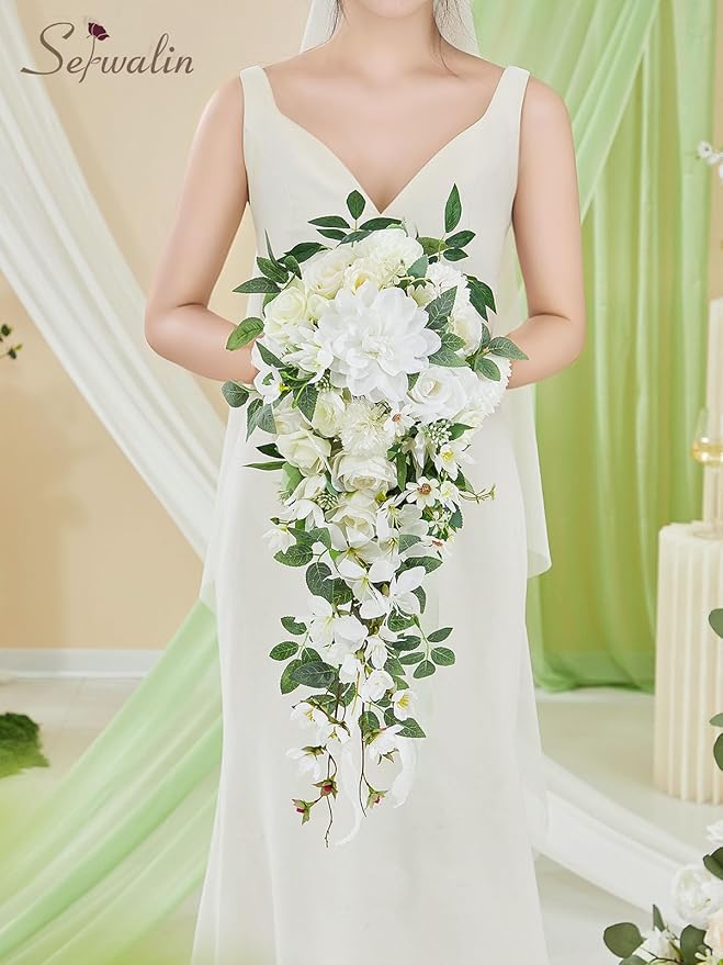 Serwalin 11Inch Bridal Bouquet White Green Wedding Bouquets for Bride Bridesmaid Artificial Wedding Flowers for Wedding Ceremony Anniversary
