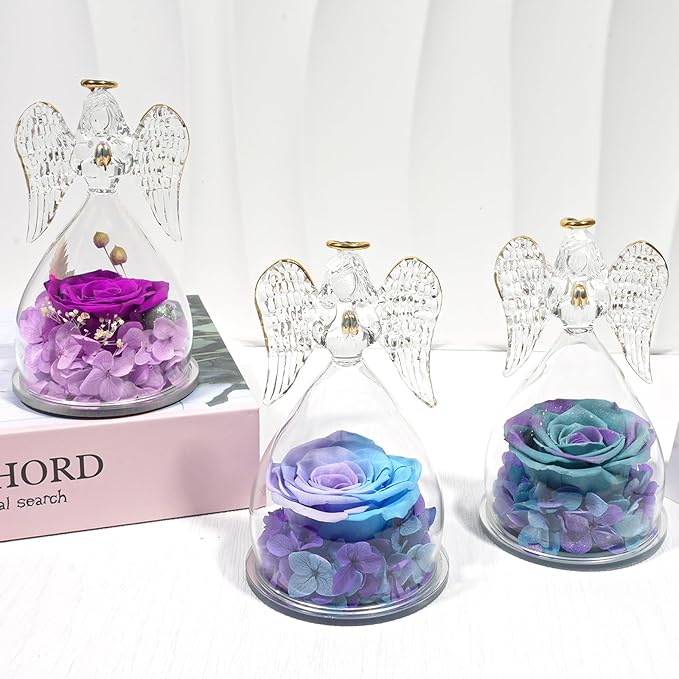 Yamonic Gifts for Mom Birthday,Angel Figurines with Real Rose Gifts for Her Mom Grandma,Preserved Flower Rose for Valentines Day Mothers Day Christmas Anniversary Birthday Gifts for Women(Blue-purple)