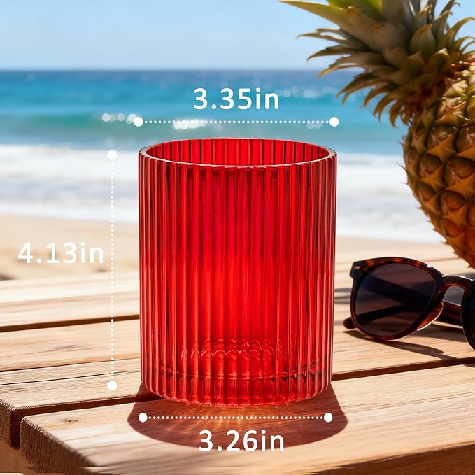 14 oz Ribbed Drinking Glasses Set of 6, High Clear Vintage Iced Coffee Cups Elegant Glassware, Highball Glass Cups Ridged Glass Tumbler for Cocktail, Whiskey, Beer, Water, Juice, Origami Style Red
