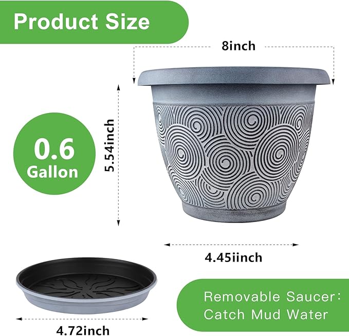 8 Inch Flower Pots Planters for Indoor Outdoor Plants, 4 Pack Plastic Small Plant Pots with Drainage Hole & Tray, Modern Decorative Garden Pot with Saucer, Plant Container for House