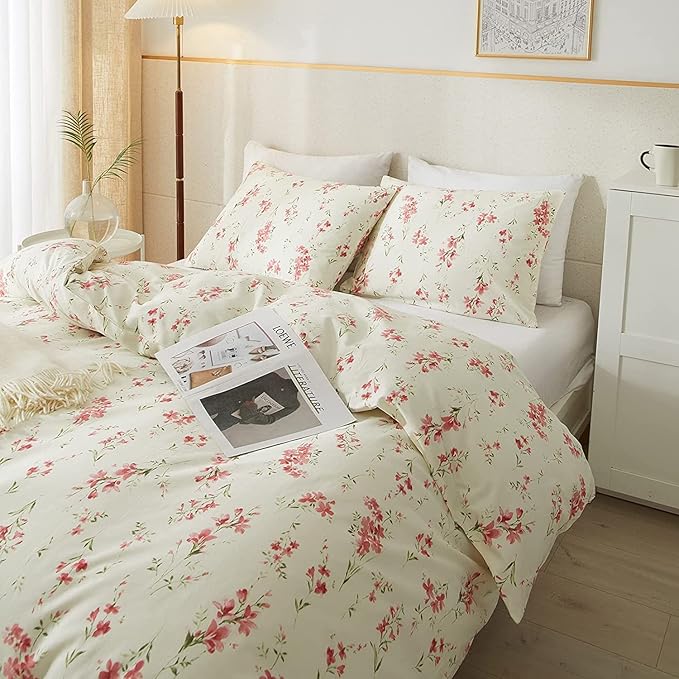 Boho Floral Duvet Cover Full Soft Cotton Girls Pink Floral Bedding Set Chic Garden Style Cute Flower Pattern Duvet Cover Vintage Floral Botanical Comforter Cover 1 Full Duvet Cover with 2 Pillowcases