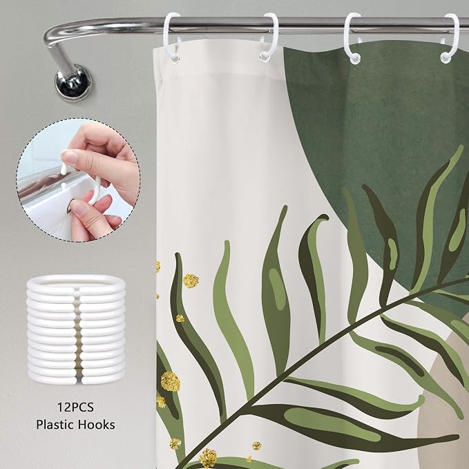 Boho Green Shower Curtain, Sage Bohemian Mid Century Modern 60Wx72H Bathroom Curtain, Abstract Gold Leaves Plant Olive Grey Minimalist Bathroom Decor Bath Curtain Polyester 12 Pack Hooks