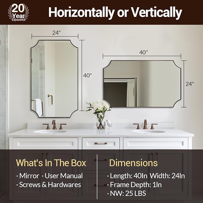 ANDY STAR Brushed Bronze Mirror, 24"x40" Bathroom Vanity Mirror, Scalloped Rectangle Mirror with Rust-Proof Stainless Steel 1" Frame, Hangs Vertically or Horizontally