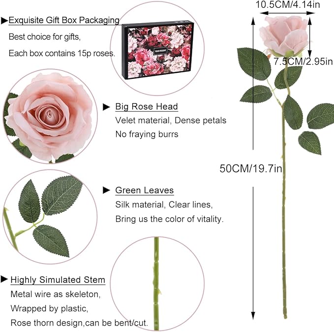 15Pcs Pink Roses Artificial Flowers Fake Roses Long Stem Velet Rose Silk Flowers for Home Wedding Decoration (Round Roses,Pale Pink)