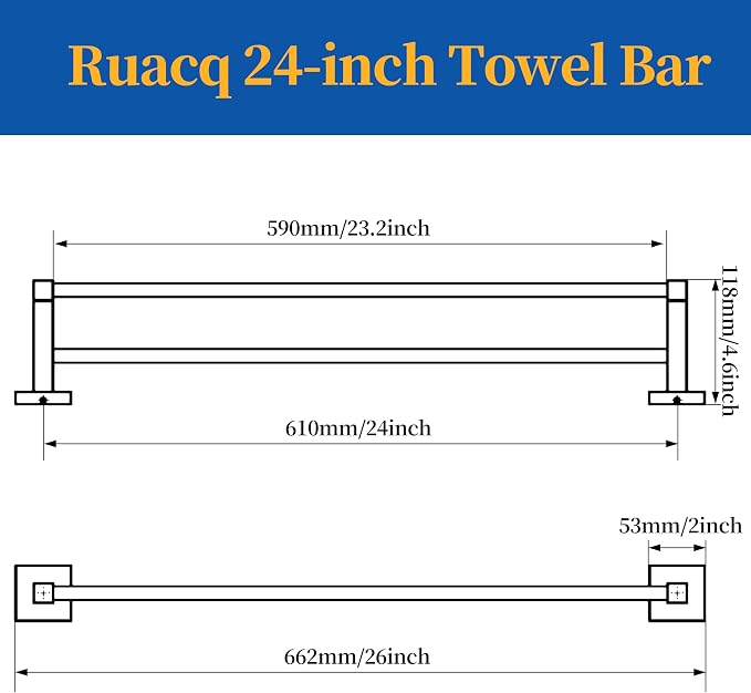 RUACQ Double Towel Bar, 24 Inch Towel Racks for Bathroom Wall Mounted, 304 Stainless Steel Bath Towel Rod with Square Base(Matte Black)