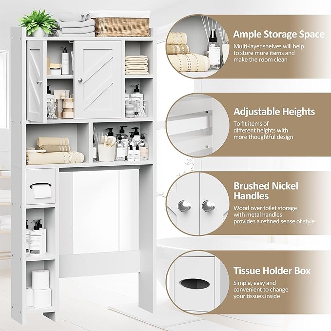 Over the Toilet Storage Cabinet, Freestanding Storage Cabinet Over Toilet, Bathroom Storages Organizer Cabinets with Toilet Paper Holder Stand and Adjustable Shelf, White