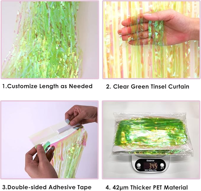 2 Pack Neon Green Foil Fringe Backdrop Curtains Party Decoration, 3.2 x 8.2 ft Tinsel Backdrop Curtains for Parties Photo Booth Wedding Graduations Birthday Party Supplies (Iridescent Green)