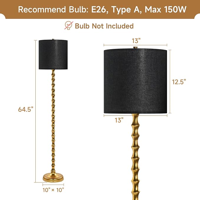 EUO 64.5" Black Gold Floor Lamp for Living Room, Brass Floor Lamps for Bedroom