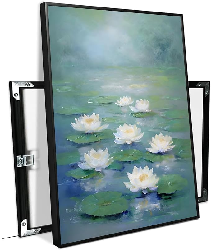 Zen wall art Delicate white lotus flower floating on calm water Vintage oil painting print Serene aquatic wall art creates a tranquil home decor 12x18in Metal blackFramed