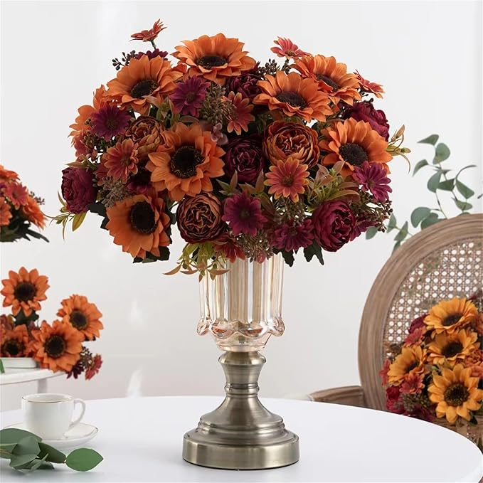 3 Bunches Sunflowers Fake Flowers, Fall Silk Artificial Sunflowers Decorations for Home Office, Wedding, Autumn Floral Arrangements, Halloween, Thanksgiving, Harvest Festival Decoration