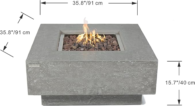 Elementi | Bundle Manhattan Gas Fire Pit Cast Concrete 36" Square Fire Table, Outdoor Fire Pit Electronic Ignition | Canvas Cover, Lava Rock Included | Light Gray (Propane Gas)