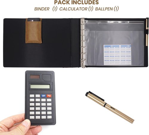 Office Werks Executive Check Binder - 7 Ring Zippered Portfolio with Calculator & Pen, Brown | Holds 200 Sheets