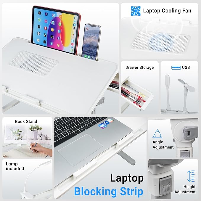 iXTRA Laptop Lap Desk with Cooling Fan - Adjustable with Light, USB, Storage Drawer - Folding Bed Desk,22.04"*12.59",White