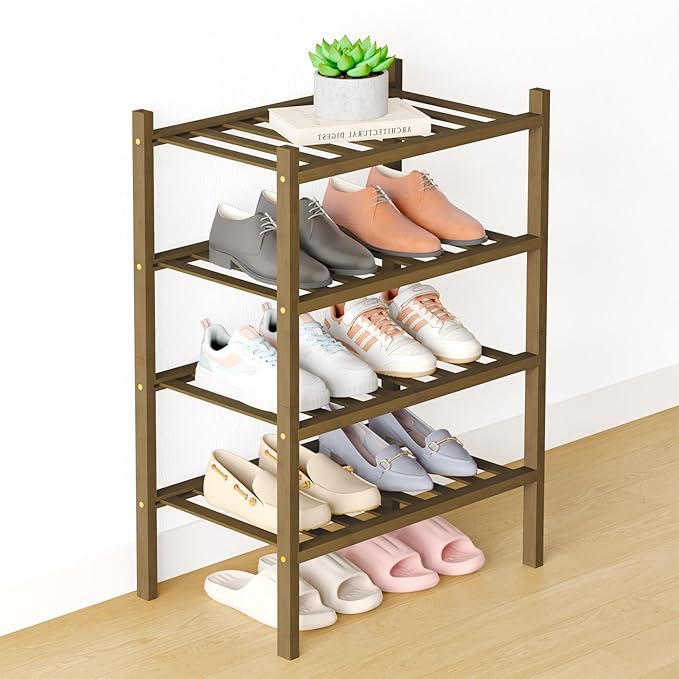 Smiry Bamboo Shoe Rack for Closet, 4 Tier Small Wooden Stackable Shoe Organizer, Free Standing Shoes Storage Shelf for Entryway, Front Door Entrance, Walnut