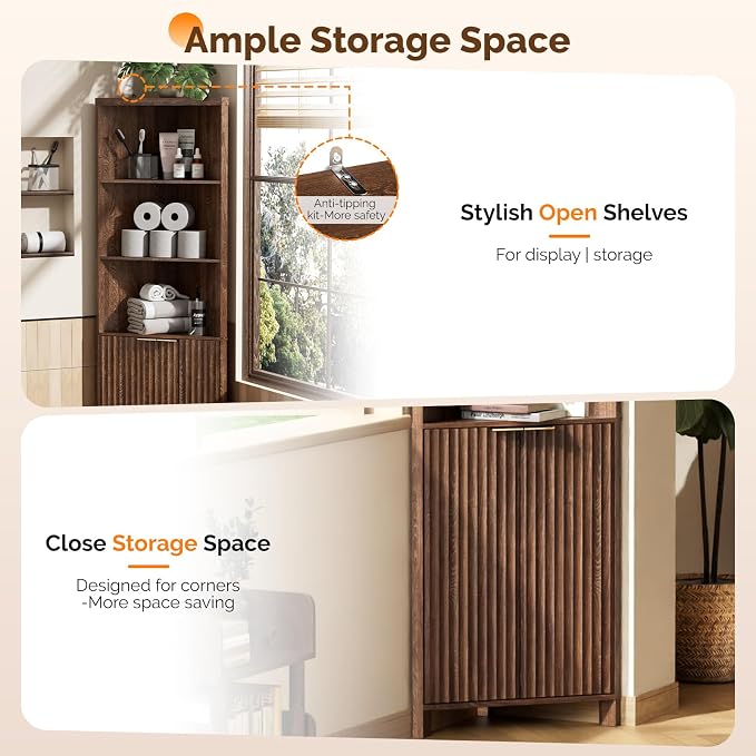 VINGLI Tall Corner Cabinet with Fluted Doors, 68" Walnut Corner Storage Cabinet with Adjustable Shelves, Freestanding Wood Corner Bookshelf for Bathroom, Living Room & Kitchen, Space-Saving
