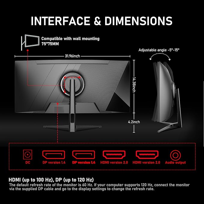 Gawfolk 34 Inch Ultrawide Curved 120Hz Gaming Computer Monitor 1500R PC Screen 21:9 UWQHD (3440x1440),Adaptive Sync,178° Viewing Angle,128% sRGB,Display Port、HDMI,Compatible with Wall Mounted -Black