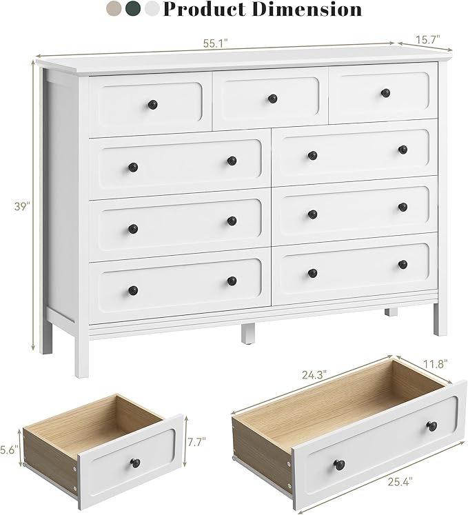 CARPETNAL White Dresser for Bedroom, 55" Wide 9 Drawer Dresser with Metal Handles and Deep Drawers, Modern Large Wood Chest of Drawers for Living Room, Hallway.