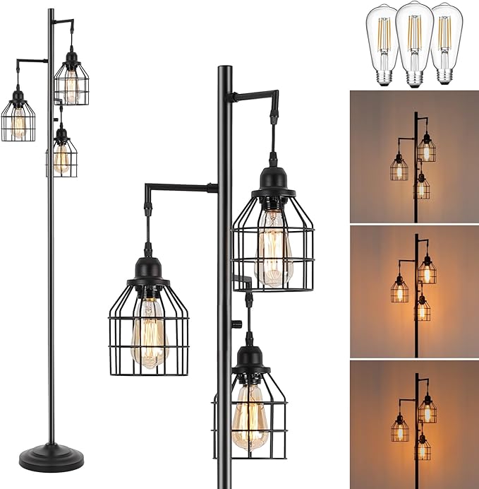 9MMML Floor Lamp for Living Room, Farmhouse Industrial Dimmable Floor lamp,3 Lights Metal Cage Tree Standing Lamp,68", 3Pcs Led Bulbs Included