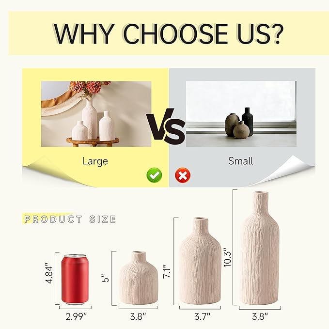 Ceramic Vase Home Table Decor - White Flower Vase Set of 3 Living Room Kitchen Decorations Farmhouse Modern Rustic Vases Decorative Centerpiece for Shelf Bedroom Office Bathroom Dining Coffee Desk