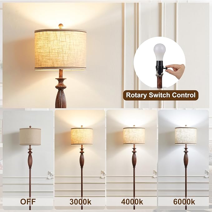 63.8" Vintage Floor Lamp with Rotary Switch, Dimmable Color Temperature Standing Lamp, Retro Farmhouse Floor Lamps for Living Room, Bedroom, Hallway, Office, Room Decor, Dark Wood Grain, Bulb Included