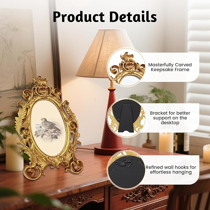 Oval Photo Frame 4x6, Gold Vintage Resin Picture Frames with Glass Cover, Antique Picture Frame for Living Room, Retro Handmade Photo Frames for Tabletop or Wall Hanging, Pictures Display Frames Art