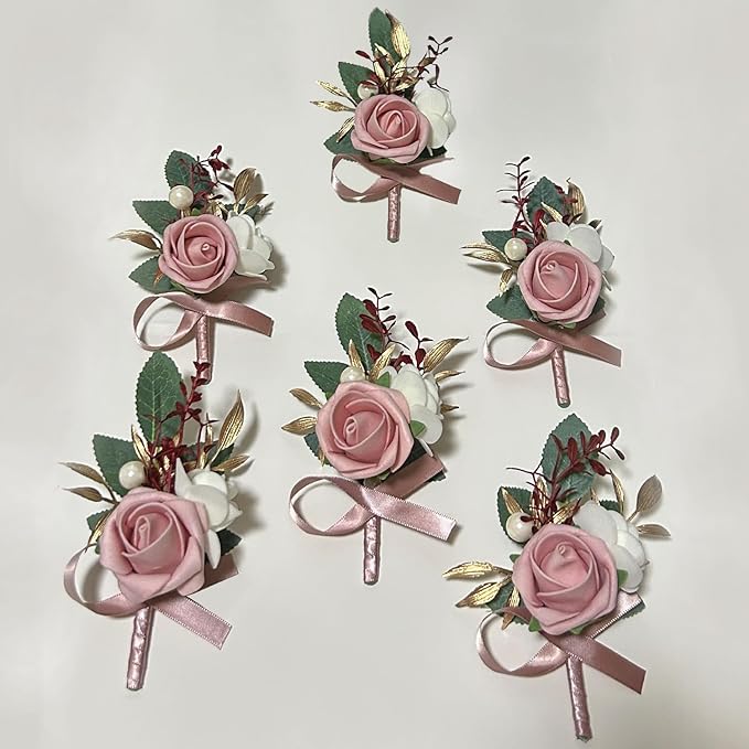 6PCS Pink Boutonniere for Men,Dusty Rose Boutonniere Pins for Men Groomsmen Guest Boutonniere, Artificial Flowers for Wedding Decor Prom Homecoming
