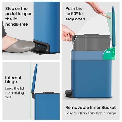 Cesun Stainless Steel Bathroom Trash Can - Soft Close Lid & Step Pedal, 6 Liter, Anti-Fingerprint Finish (Blue)