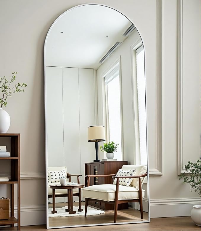 Dewfig Arched White Full Length Mirror, 71"X30" Large Floor Mirror, Full Body Mirrors for Leaning or Hanging, Standing Mirrors for Bedroom, Living Room,Dressing Room, Aluminum Alloy Frame, White