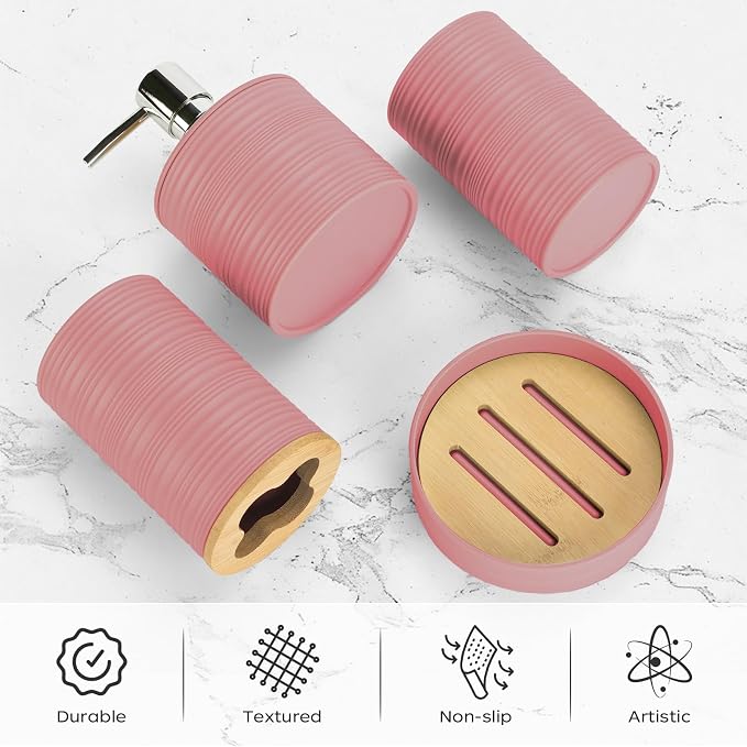 4 PCS Light Pink Bathroom Accessories Set, Includes a Soap Dispenser, Toothbrush Holder, Soap Dish and Mouthwash Cup, Plastics & Bamboo Bathroom Set, Bohemian Style Bathroom Sink Set