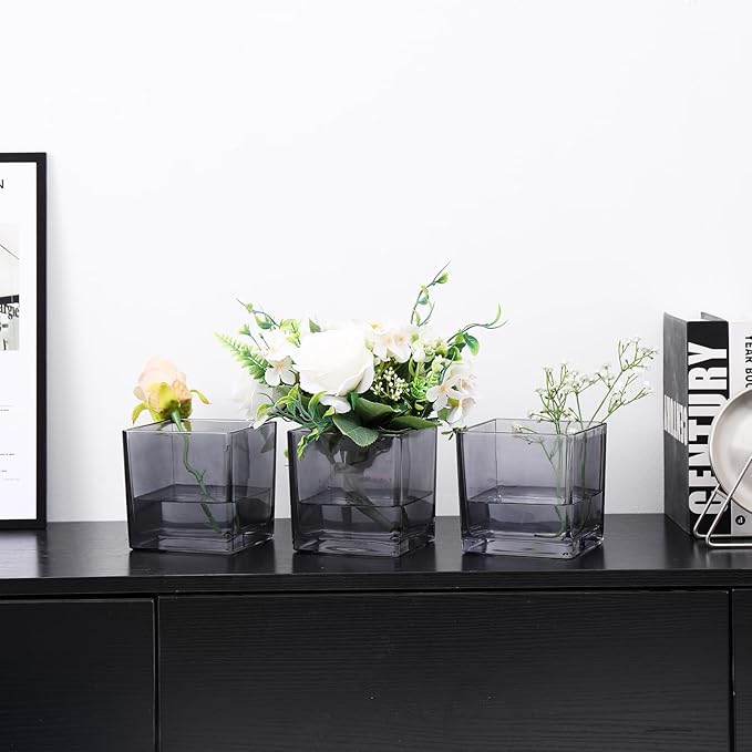 Square Grey Glass Vases Set of 2, 6" x 6" x 6" Square Vase for Centerpieces, Flower Vases for Centerpieces, Small Vase for Wedding, Party, Home Office Decoration