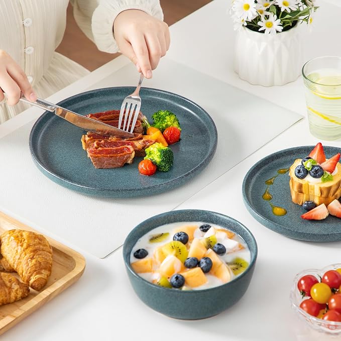 vancasso Plates and Bowls Sets, 18 Pieces Stoneware Dinnerware Set for 6, Ceramic Dish Set for Kitchen, Microwave and Dishwasher Safe, Smoky Teal, Series ZERMATT