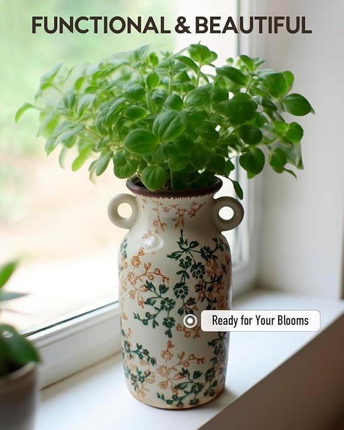 Vintage Ceramic Flower Vase Home Decor - Tabletop Rustic Tall Vase for Decor Living Room Bookshelf Office Kitchen Farmhouse, White Vases for Bouquet, Symmetric Holes | Grand Millennial | 9.1inch