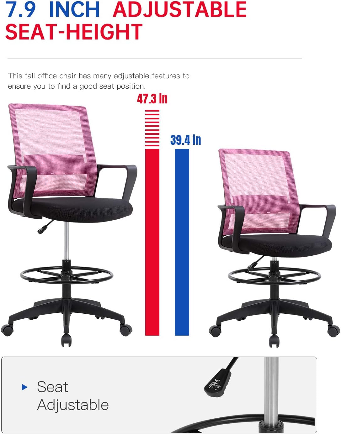 Skiennix Drafting Chair - Adjustable Tall Office Chair with Lumbar Support & Footrest | Pink