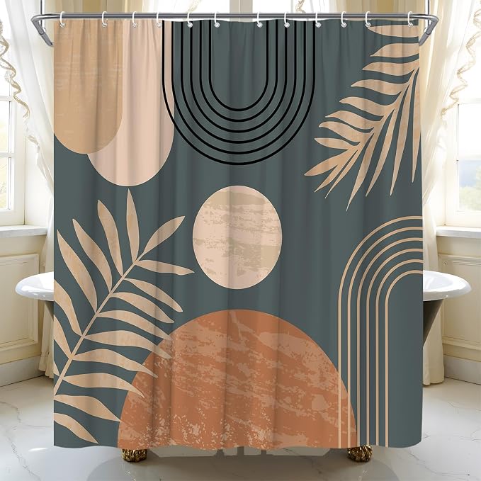 Mid Century Modern Shower Curtain Boho Grey Abstract Retro Aesthetic Fabric for Bathroom Decor Bathtub with Hooks (70" WX78 H)