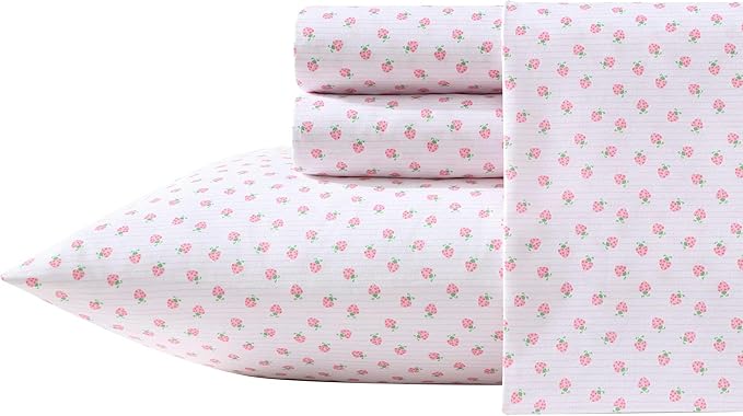 Laura Ashley Kids - Twin XL Sheet Set, Soft & Wrinkle-Resistant Toddler Bedding Set, Deep Pockets, Girl Bed Sheets with Matching Fitted Sheet & Pillowcase (Sweet Lady Bugs Pink)