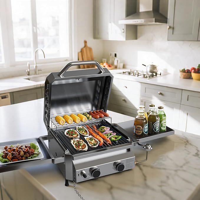 Tabletop Gas Grill, Stainless Steel Portable Propane Grill with Dual Storage Side Platforms – Compact & Powerful 16,000 BTU Dual-Burner BBQ Grill for Garden and Patio Backyard,Camping