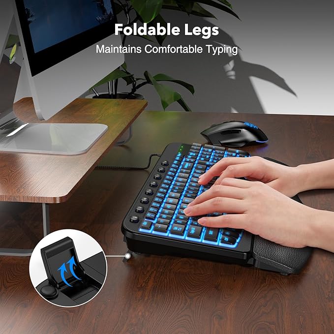 SABLUTE Ergonomic Keyboard, USB Wired with Cushioned Wrist & Palm Rest, 7-Color Backlit Adjustable Brightness for Windows, macOS, Desktop, Laptop & PC