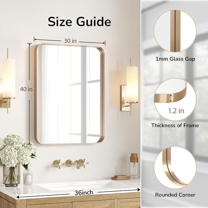 USHOWER Gold Bathroom Mirror 30"x40", Brushed Gold Rectangle Mirror for Over Sink, Aluminum Frame, Anti-Rust, Tempered Glass, Horizontal or Vertical Mounted, Champagne Gold (Neutral Gold)