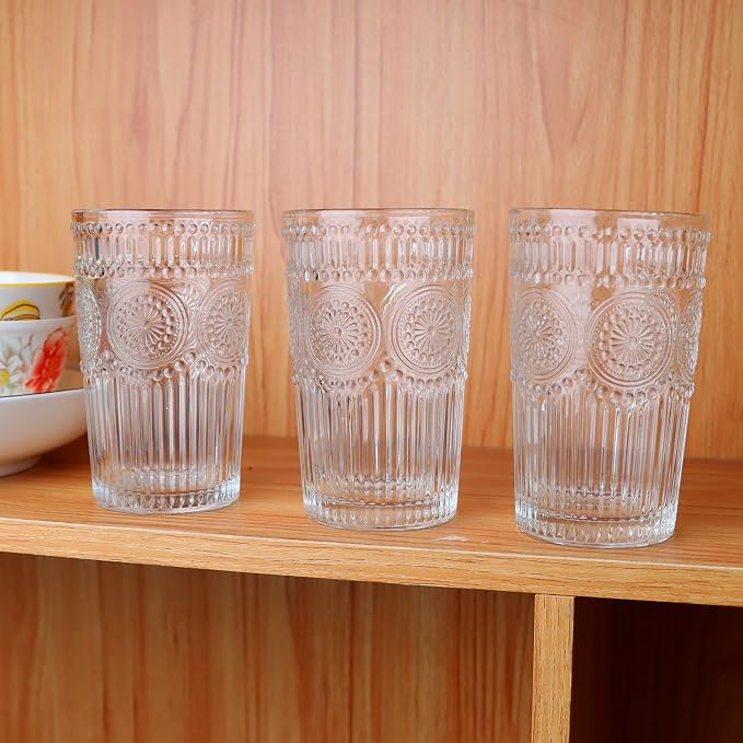 Loivttvv 6pcs Vintage Drinking Glasses Set, 12 oz Clear Highball Glasses, Embossed Ribbed Glassware Cups for Cocktail, Water, Juice, Coffee, Whiskey