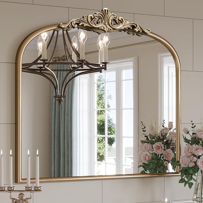Arched Antique Gold Mantel Wall Mirror, 36"x30" Large Vintage Gold Ornate Mantle Mirror, Wide Brass Mirrors for Bathroom Over Sink, Fireplace, Living Room, Entryway, Hanging or Leaning