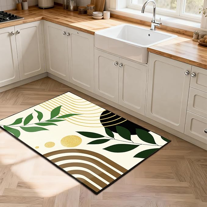 Modern Abstract Rug Geometric Area Rug Boho Green Leaf Floor Mat Soft Washable Carpet for Bedroom Living Room Kitchen Nursery Playroom Home Decor 5'x7'