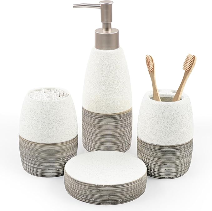CERBIOR Bathroom Accessories Set,4 Pcs Ceramic Bathroom Decor Accessory,Includes Toothbrush Holder, Toothbrush Cup, Soap Dish for Decorative Countertop and Housewarming Gift, (Grey White)